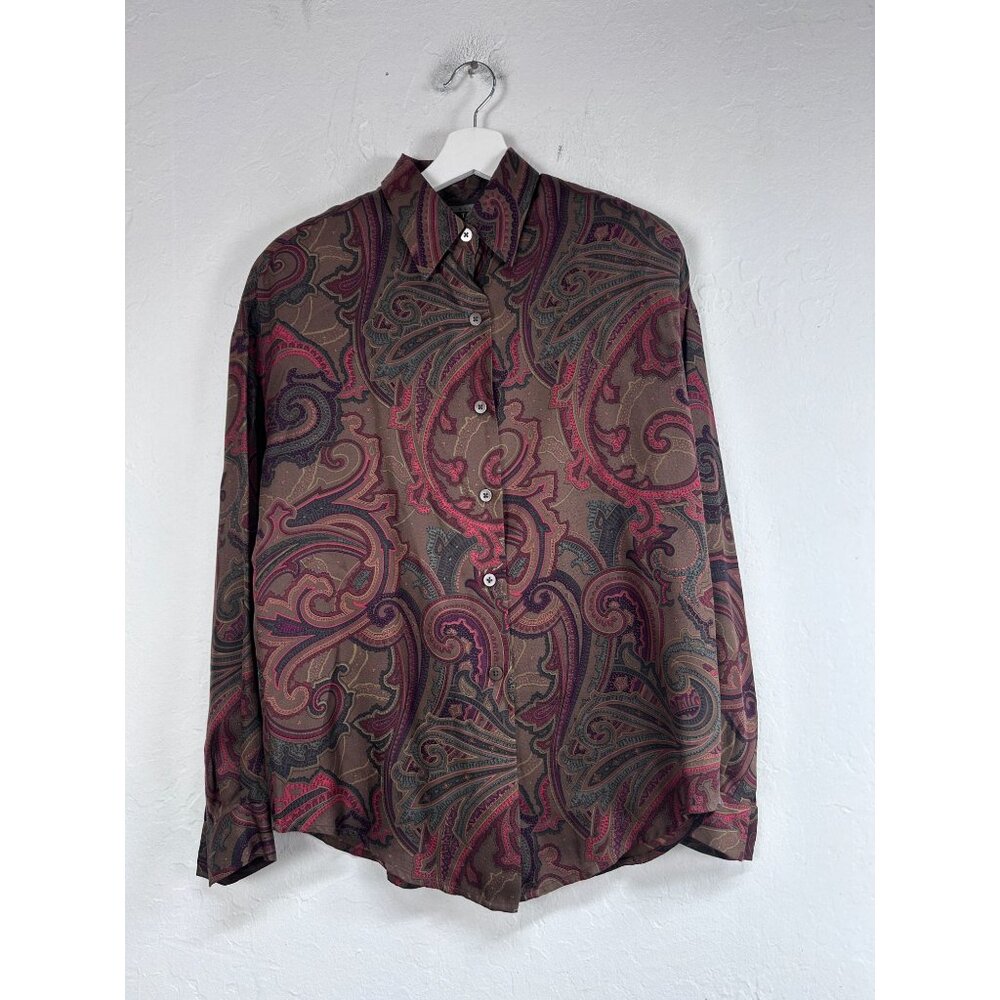 Linda Allard Ellen Tracy Womens Paisley Silk Button-Up Shirt Size 4 Brown & Pink